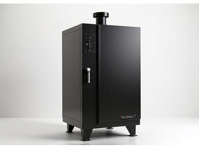 A sleek, modern smoker designed for fuel efficiency, with clear temperature gauges and innovative air flow systems.