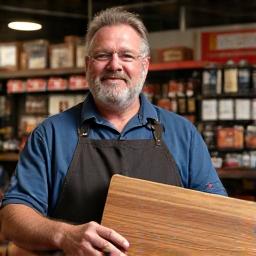 Mike 'Ribeye' Johnson, Customer Success, helping a customer with a cutting board.